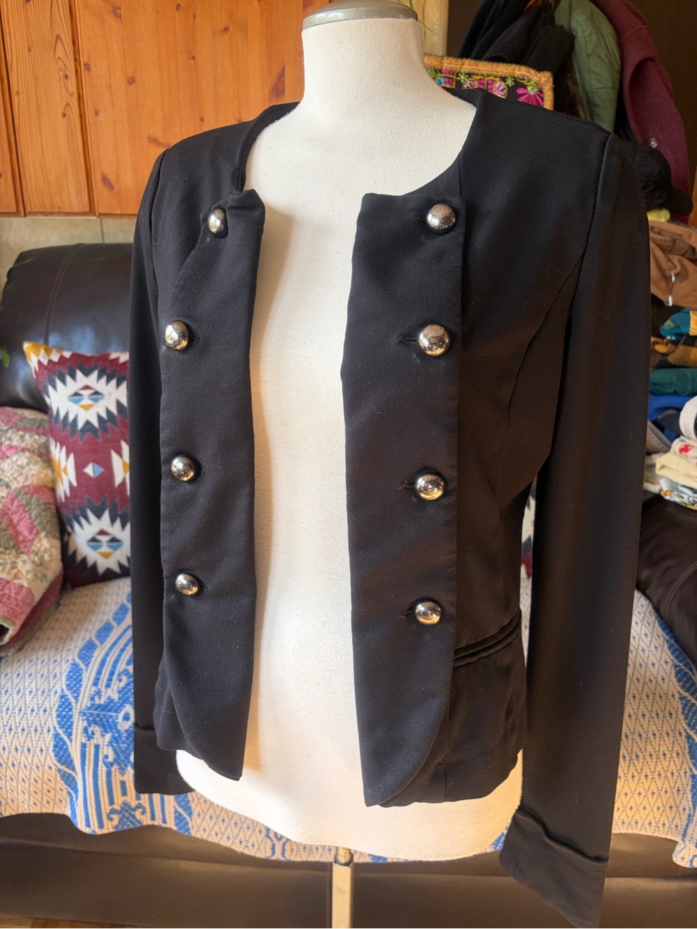 LE CHATEAU Military Style Double Breasted Collarless Open Front Blazer Jacket